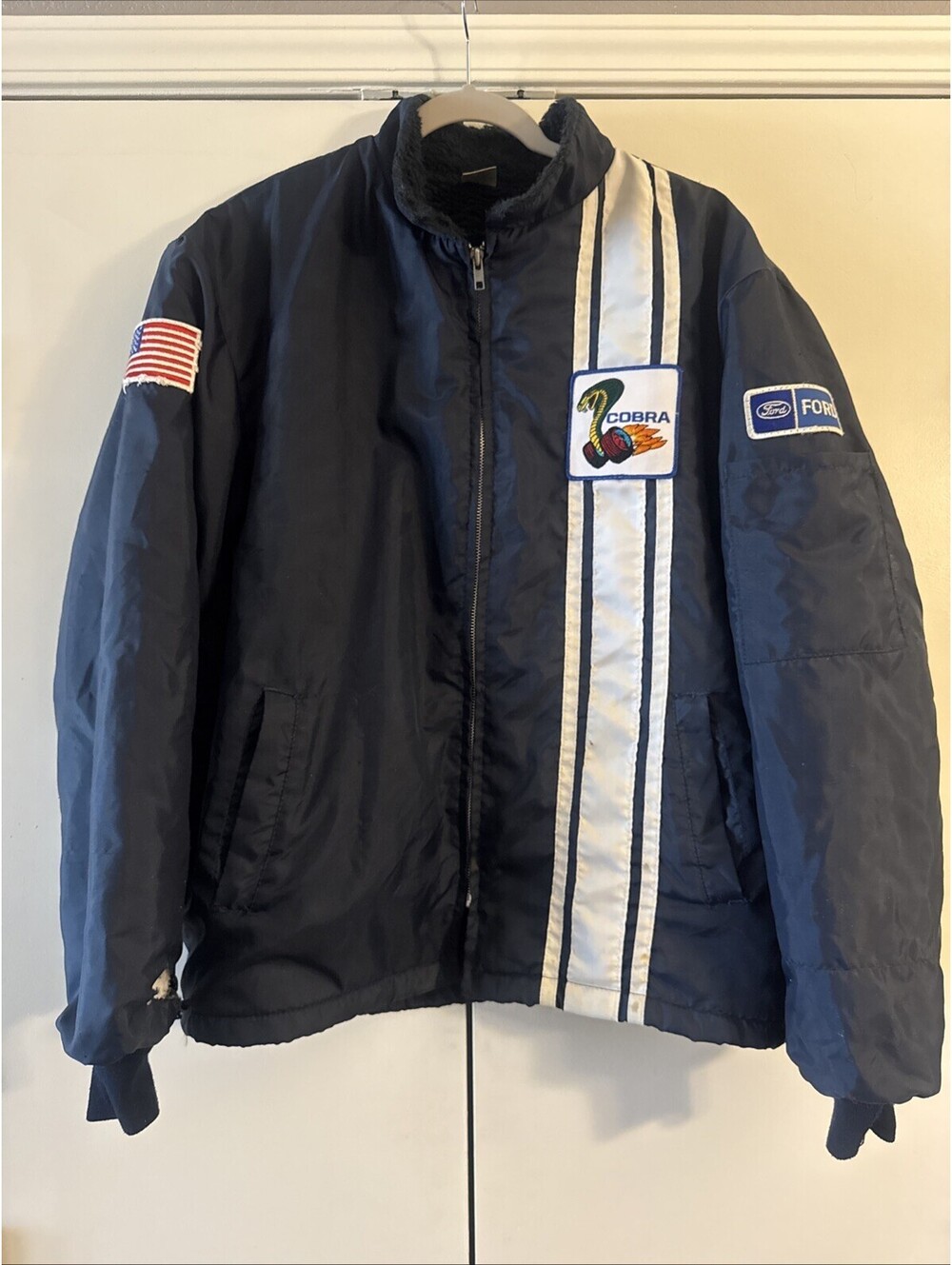 Vtg 70s Ford Shelby Cobra Racing Jacket Horizon Sportswear Navy Blue White L USA